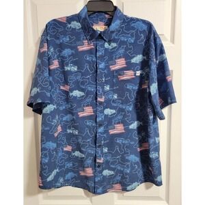 Huk Fishing Button Down Shirt Mens Large Blue Patriotic Bass Print Short Sleeve